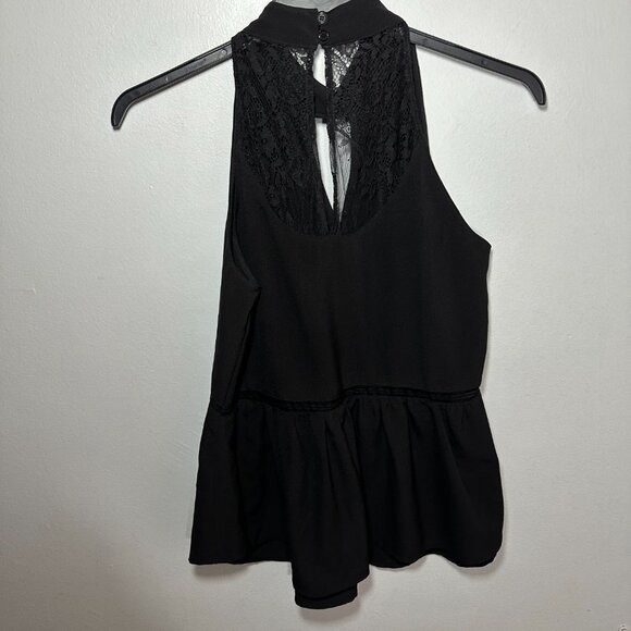 BCBG Lace-Back High Neck Sleeveless Peplum Top – Black (Size S) - Picture 4 of 7